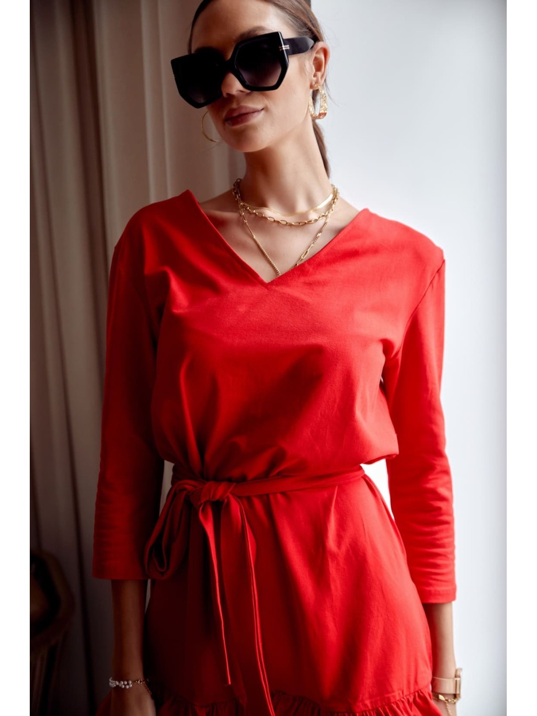 Smooth dress with ruffles and a belt, red FK614 - Online store - Boutique